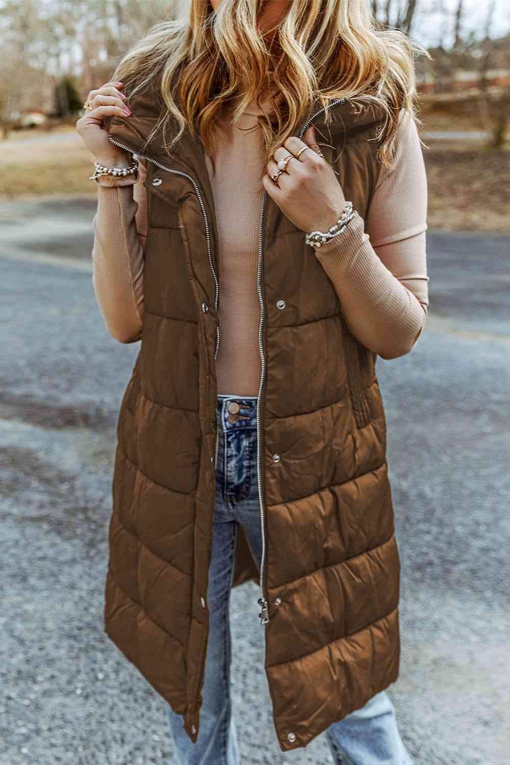 Ladies Sleeveless Longline Hooded Puffer Vest