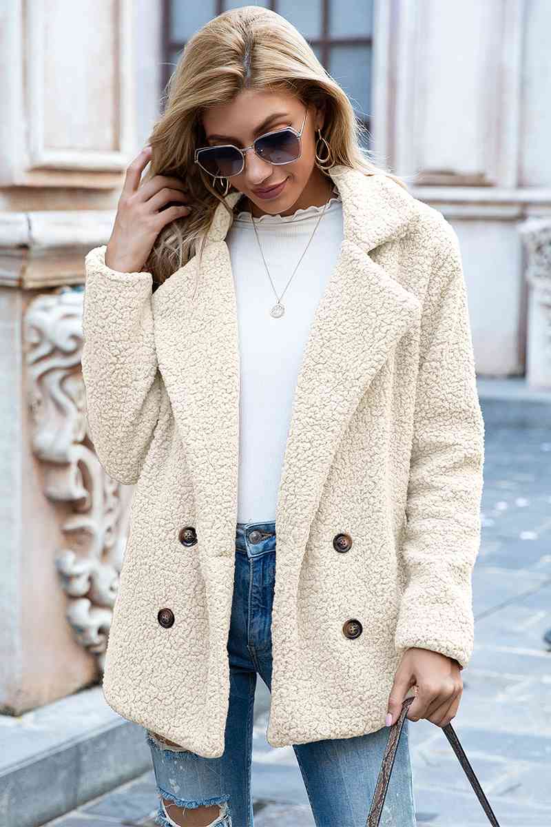 Model wearing Cream Fashionable Women's Lapel Collar Sherpa Coat