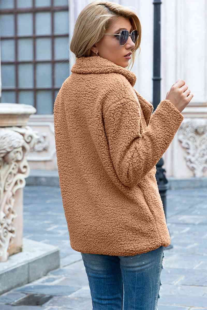 Model wearing Camel Fashionable Women's Lapel Collar Sherpa Coat back view