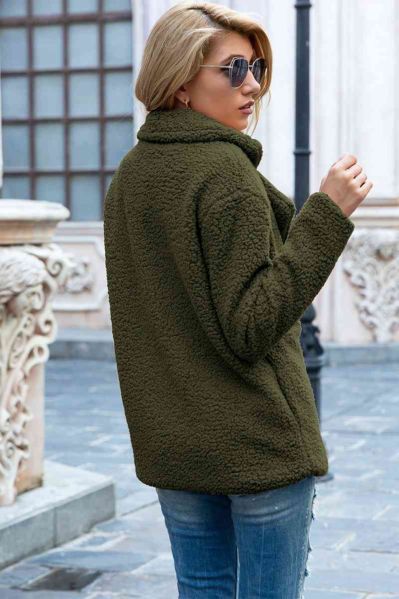 Model wearing Army Green Fashionable Women's Lapel Collar Sherpa Coat back view