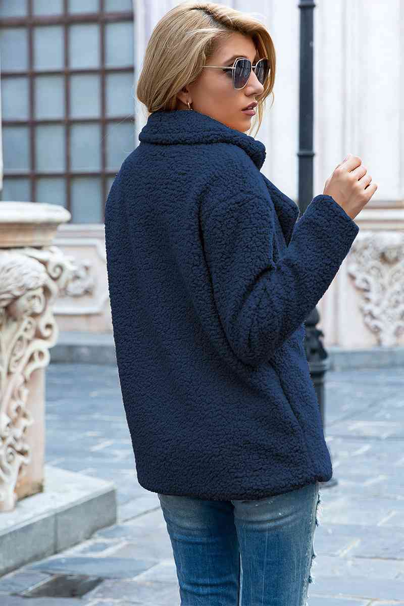 Model wearing Dark Navy Fashionable Women's Lapel Collar Sherpa Coat back view