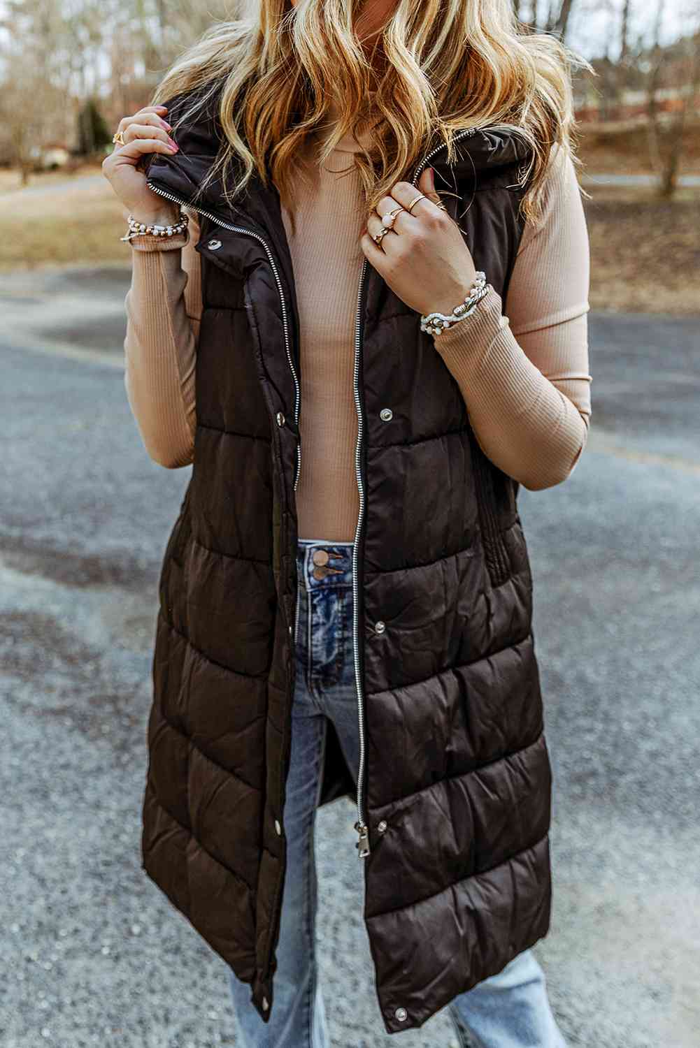 Ladies Sleeveless Longline Hooded Puffer Vest