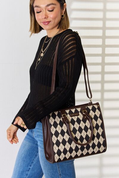 Model holding a Chocolate David Jones Ladies Argyle Pattern PU Leather Handbag off shoulder.