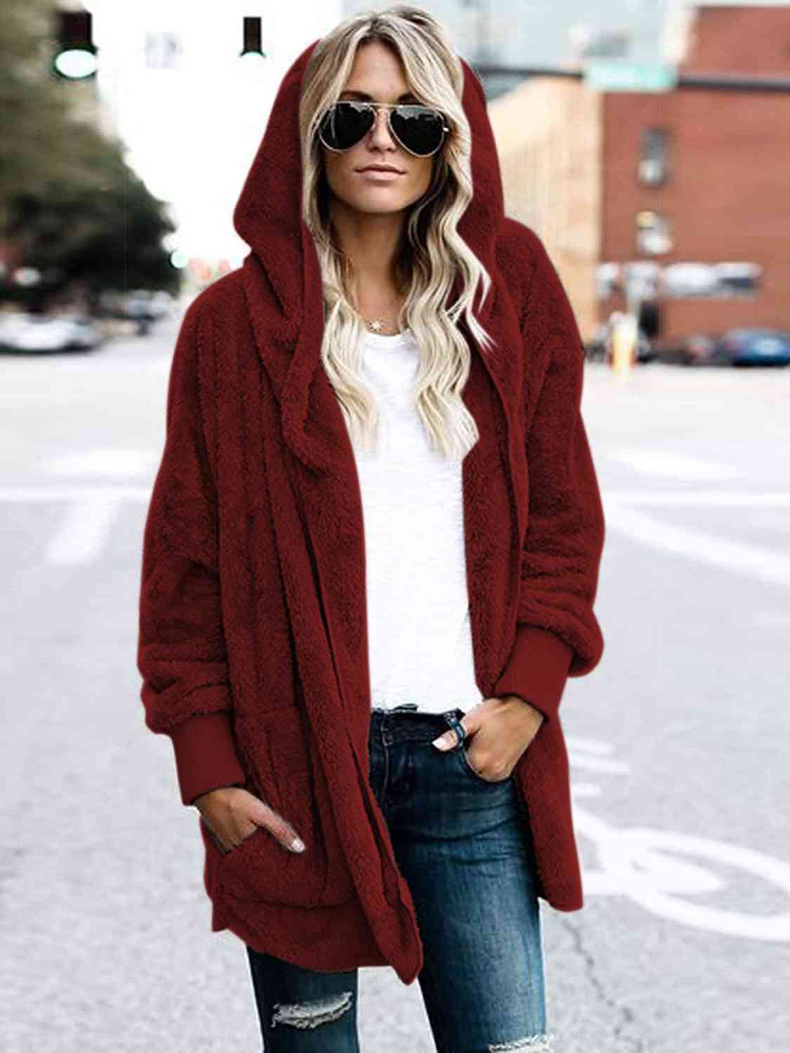 Model wearing a Wine Ladies Luxuriously Soft Hooded Teddy Jacket