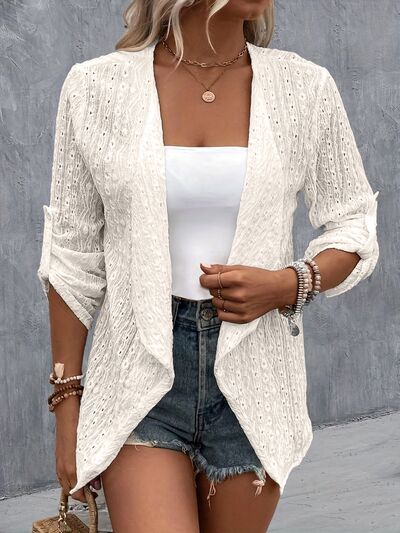 Model wearing a White Contemporary Ladies Eyelet Roll-Tab Sleeve Cardigan