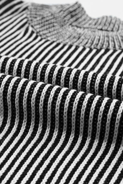 Detail view of a Black Ladies Fashionable Striped Mock Neck Dropped Shoulder Sweater close up view