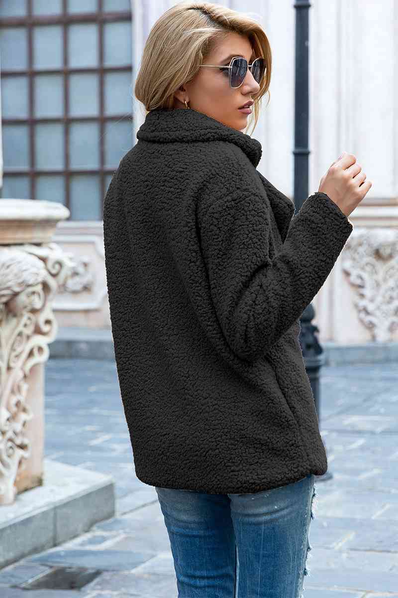 Model wearing Black Fashionable Women's Lapel Collar Sherpa Coat back view