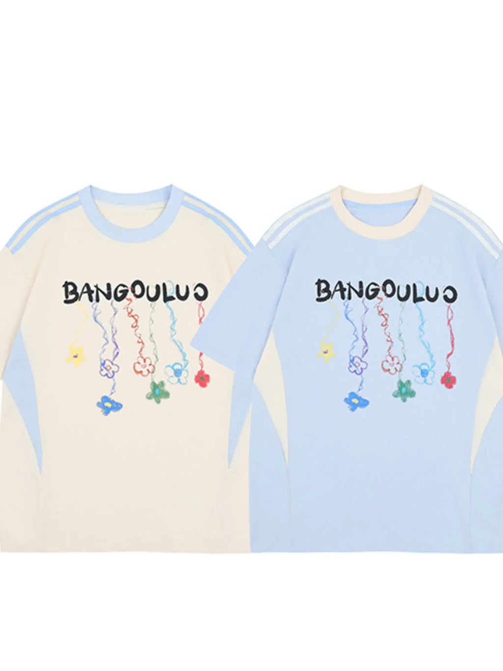 Apricot and baby blue "Bangouluo" Graphic Short Sleeve T-Shirt front view