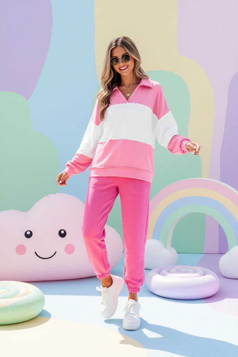 A woman modeling a Women's Rose Pink Colorblock Ruffle Trim Shift Sweatshirt and matching jogger pants set, styled with white sneakers, in a whimsical pastel-colored studio setting with clouds and a rainbow.