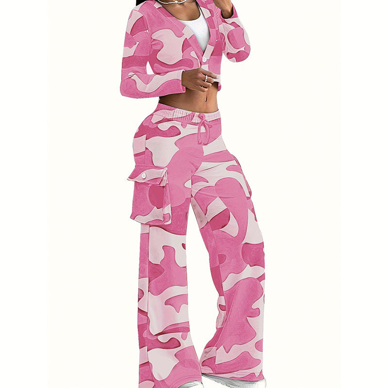 Camo Canvas: V-Neck Crop Top & Drawstring Cargo Pants 2-Piece Set for Edgy Seasons
