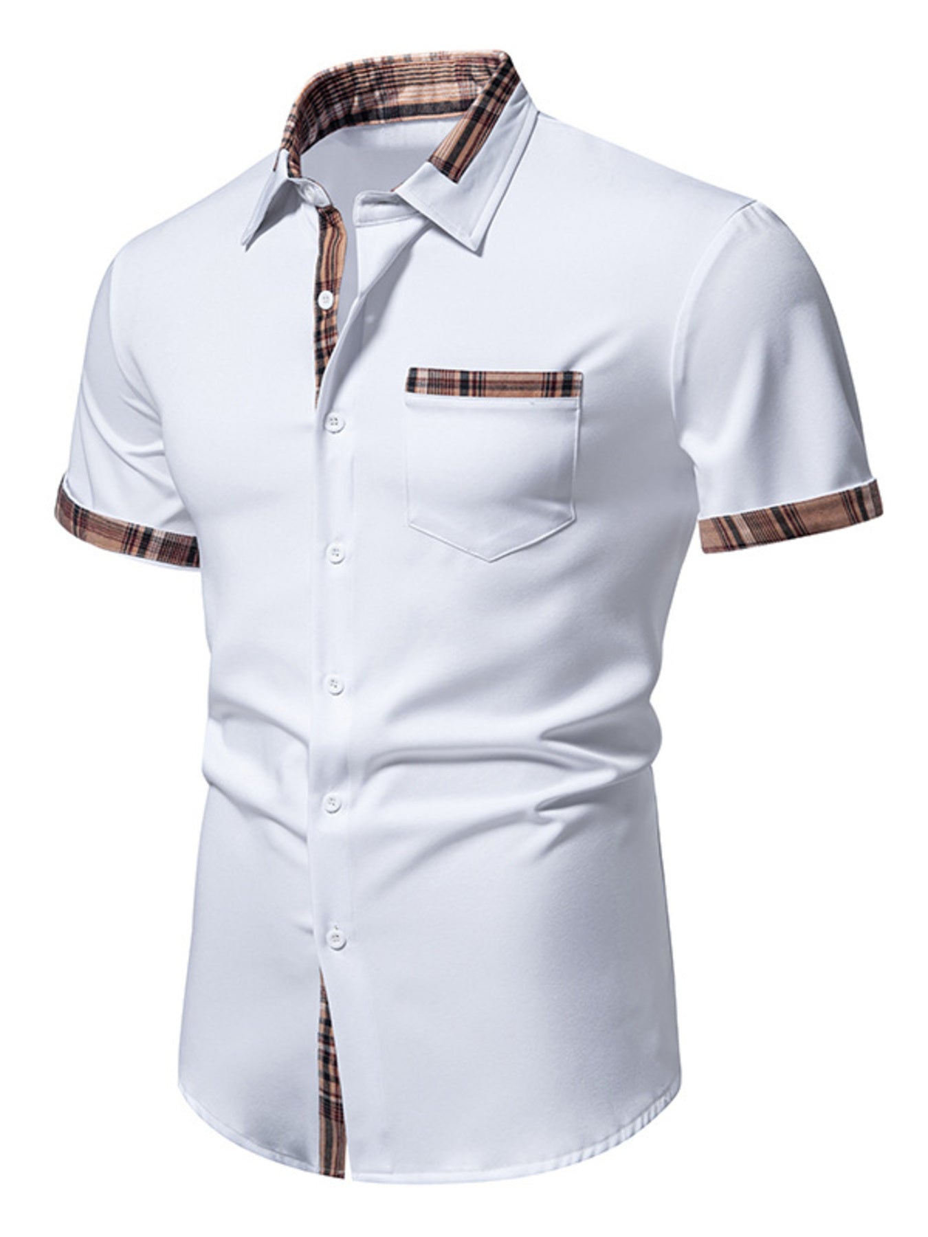 Men's white Short Sleeve Stylish Plaid Trim Button Down Shirt side angle view 