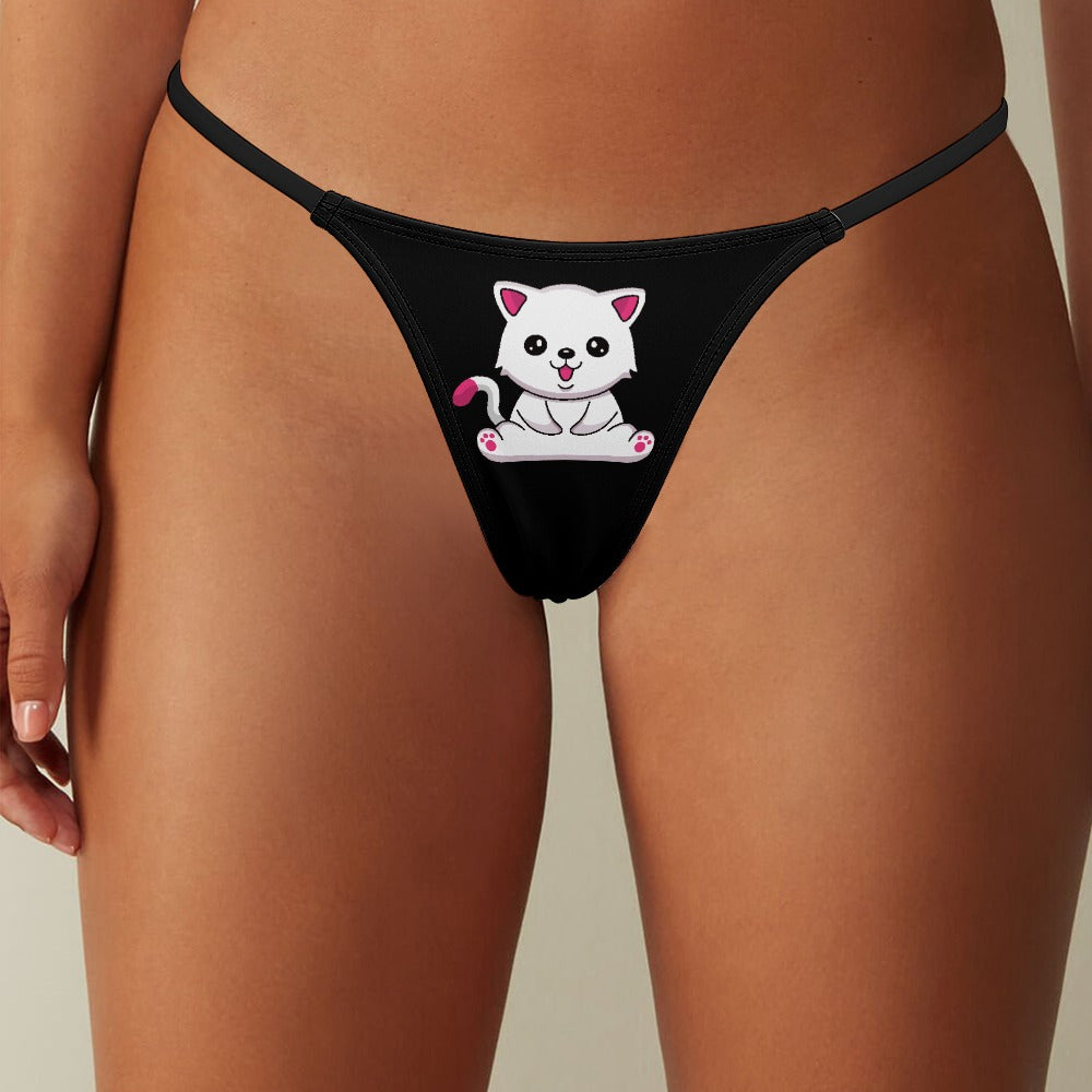 Front view of a model wearing Black Ladies Sexy Playful Kitty Thong Panties by BUhmayzing