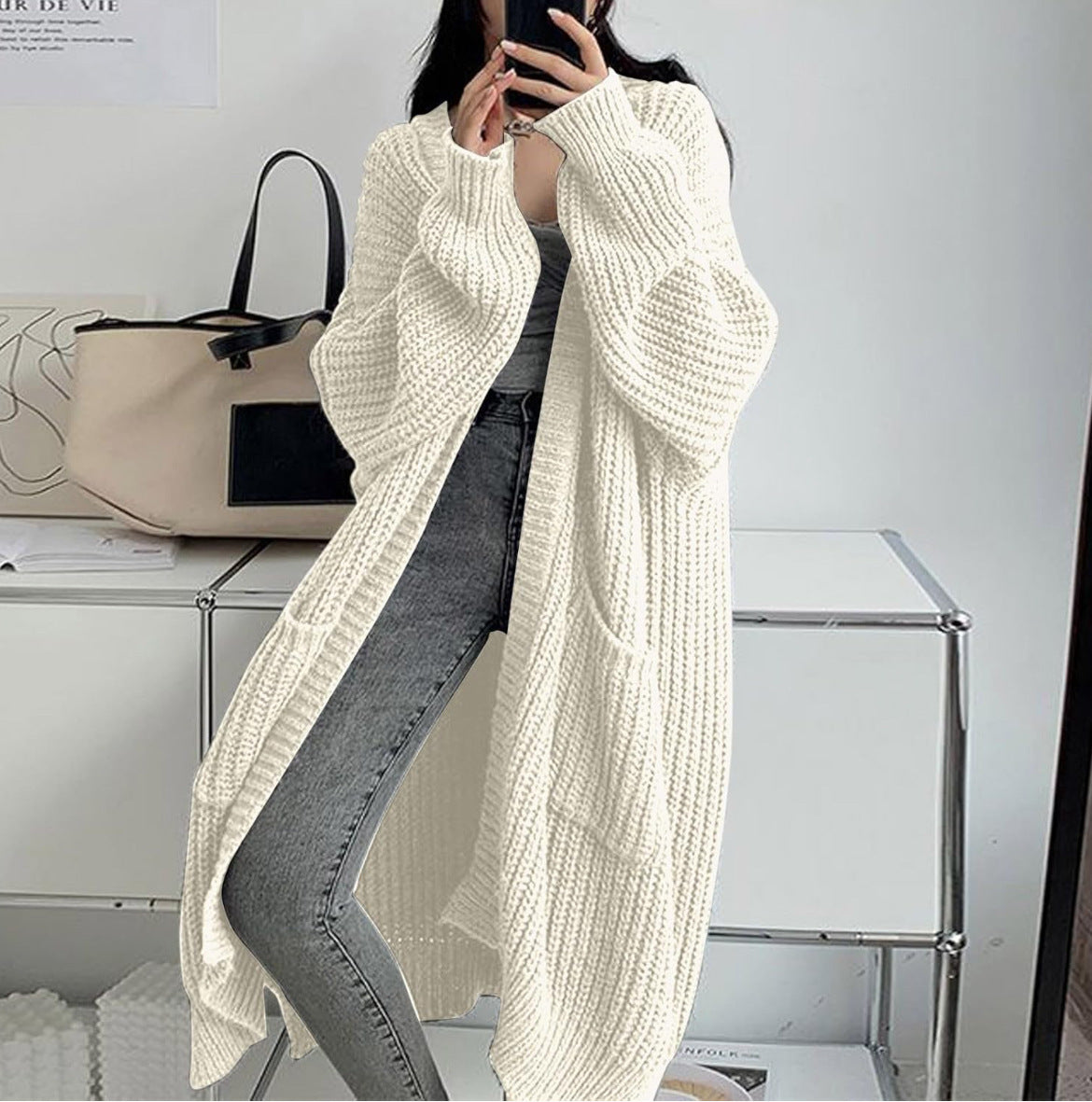 Whispered Opulence: Loose Thick Knit Coat in Effortless Chromatic Grace