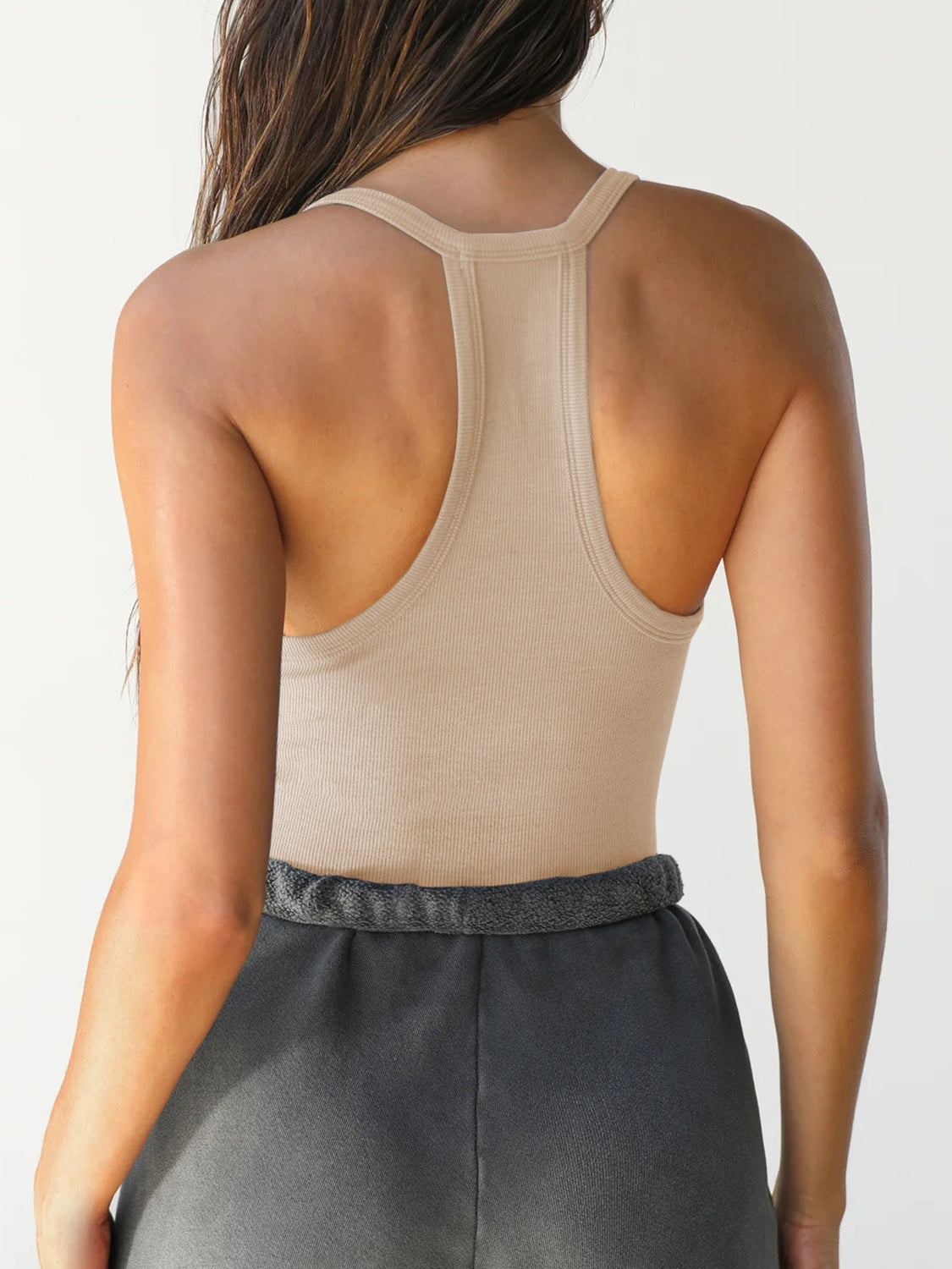 Model wearing Women's sand Scoop Neck Tank back view