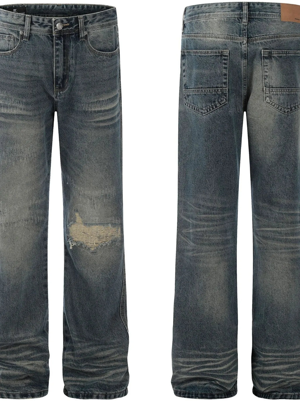 Men's Whisker Washed Distressed Straight Jeans front and back view