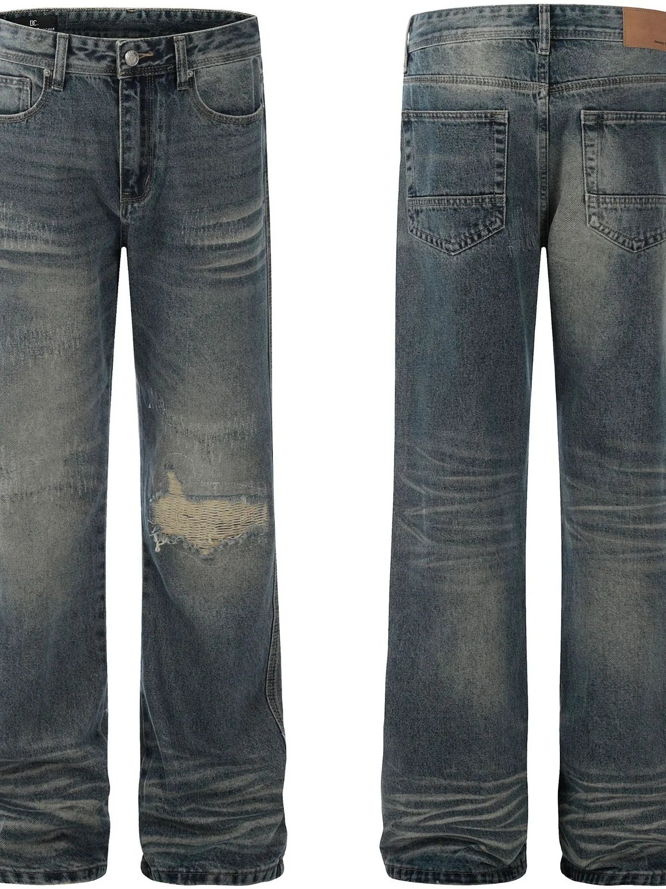 Men's Whisker Washed Distressed Straight Jeans front and back view