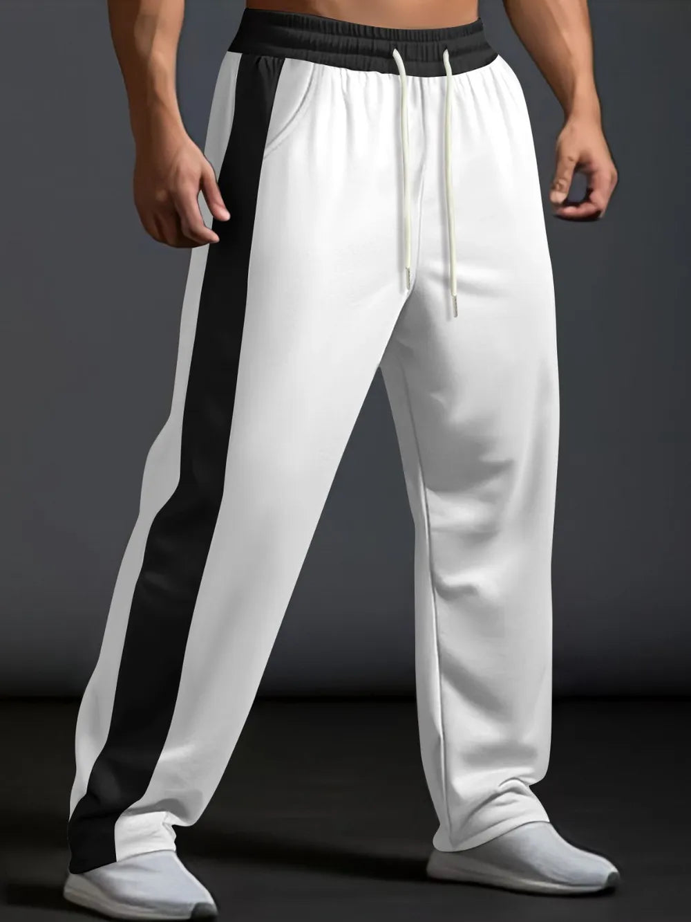 Men's White Drawstring Contrast Wide Leg Joggers 