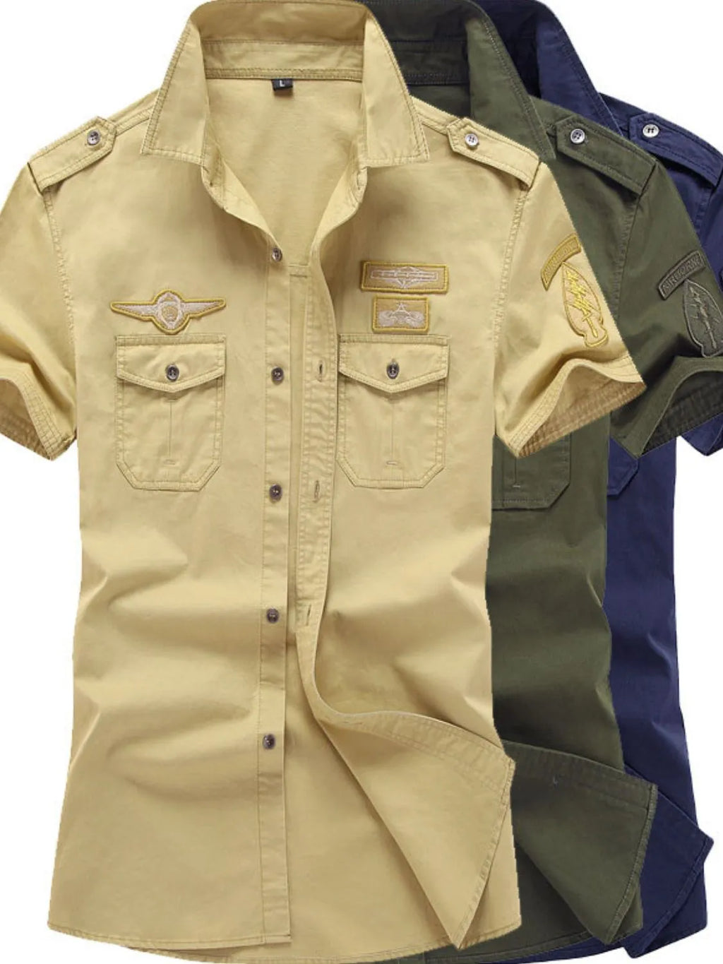 Three Embroidered patchwork Collared Neck Short Sleeve Shirt in beige, green, and blue on a white background