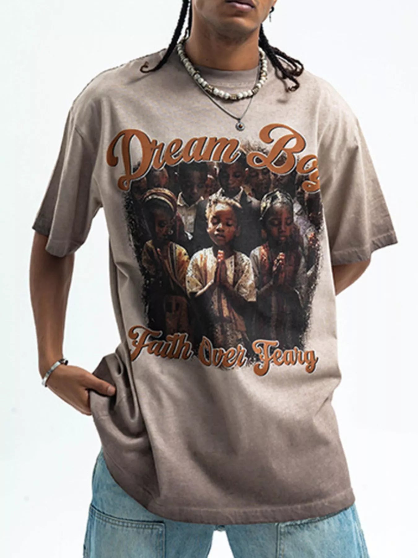 Model wearing a Men's "Dream Boy" Graphic khaki T-Shirt