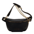 Black waist bag with gold chain strap on a white background