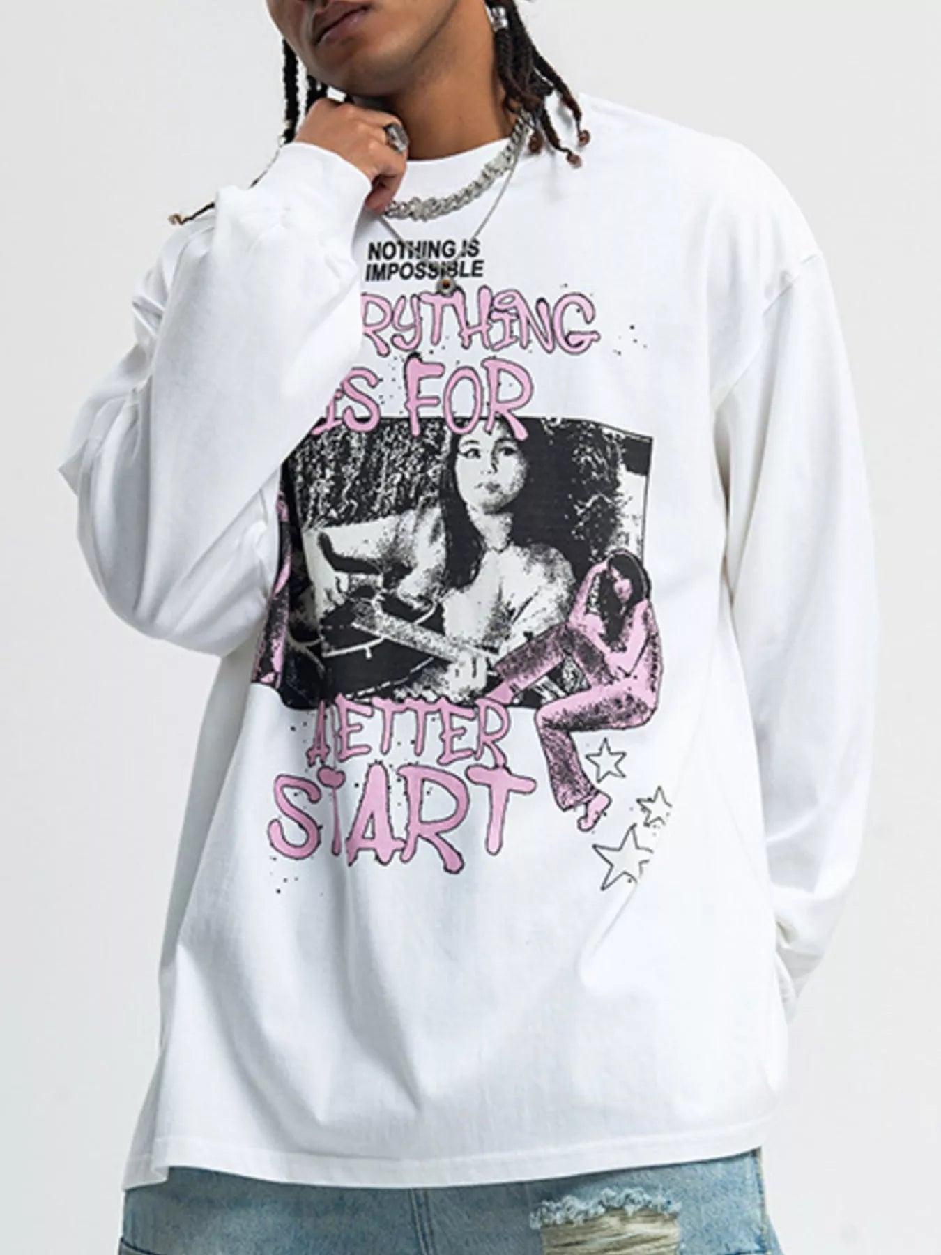 Male model wearing a white Fierceguy Unisex "Better Start" Graphic Long Sleeve T-Shirt