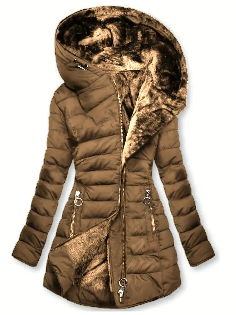 Velvet Whisper: Hooded Long-Sleeved Warm Cotton Puffer Jacket in Bold Hues