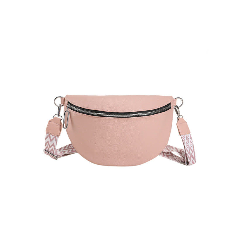 Pink waist bag with a strap on a white background