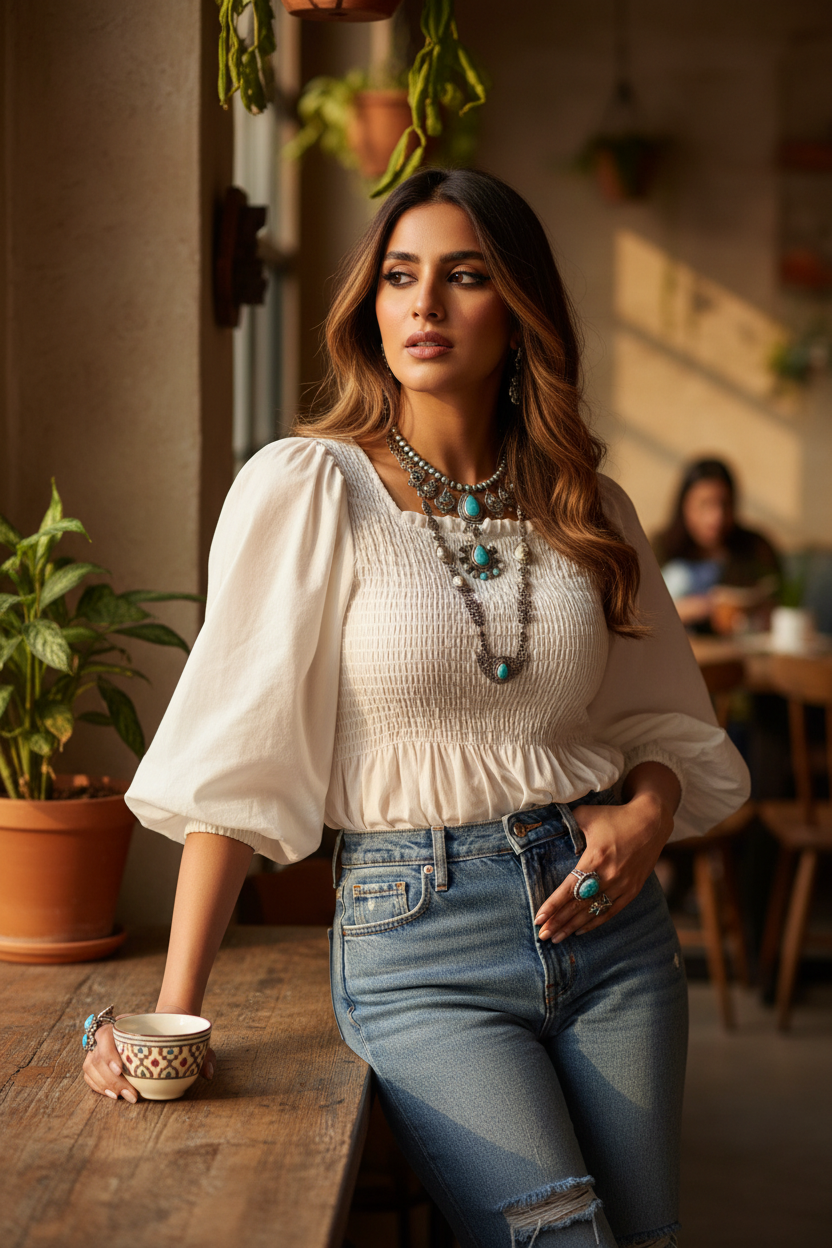 A woman wearing a Chic jet stream Smocked Ruffle Hem Boho Blouse and blue jeans, accessorized with layered turquoise and silver necklaces, standing in a warm, sunlit cafe setting.