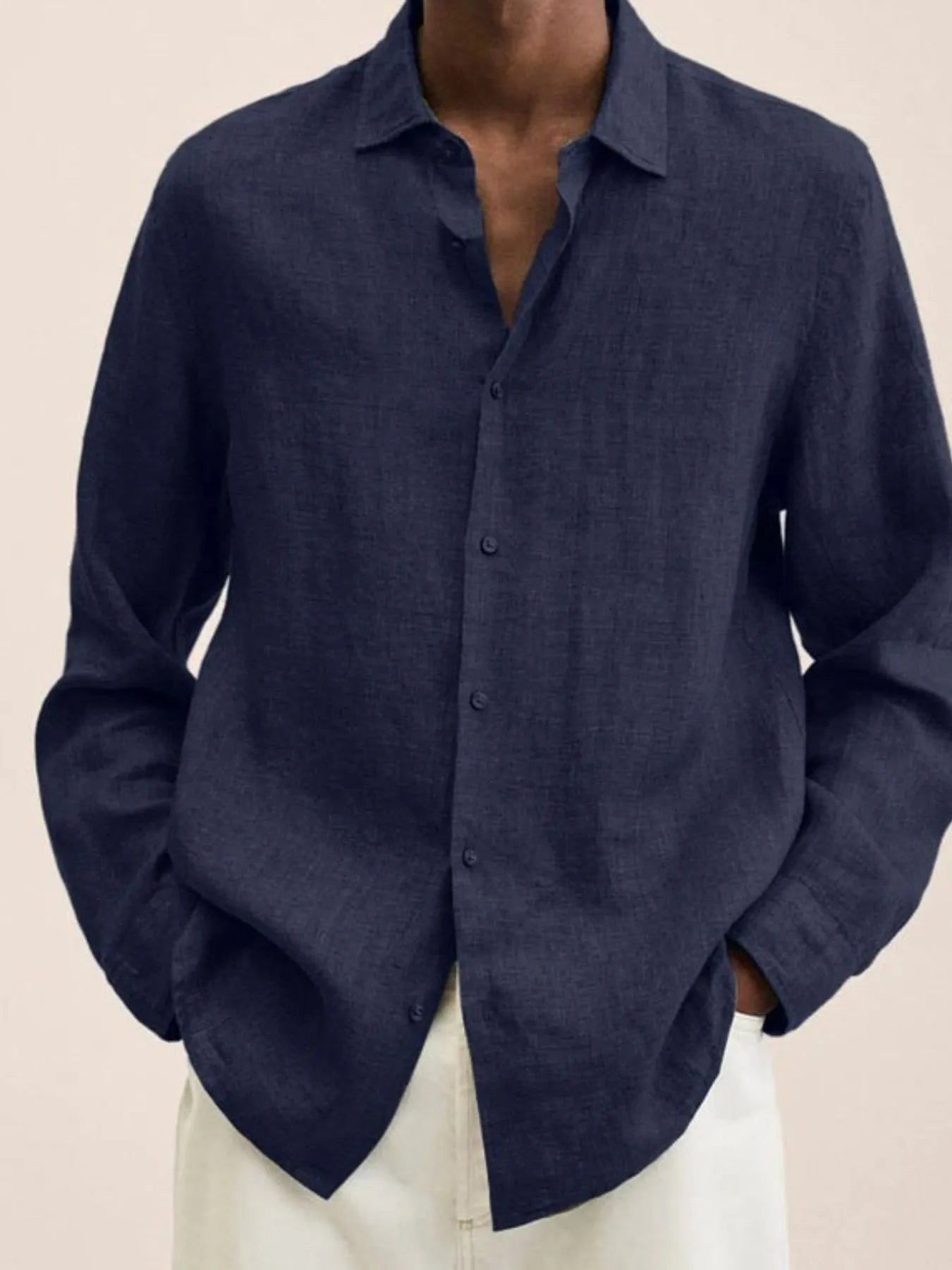  Model wearing a Men's Urban Casual Navy Button-Down Long Sleeve Shirt 
