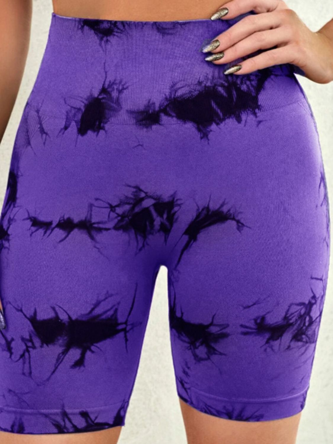 Highly Stretchy Tie-Dye High Waist Women's Electric Purple Performance Shorts-front view