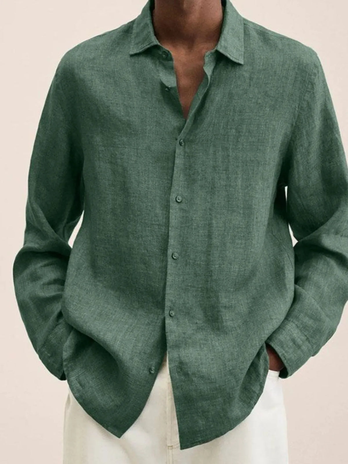  Model wearing a Men's Urban Casual dark green Button-Down Long Sleeve Shirt 