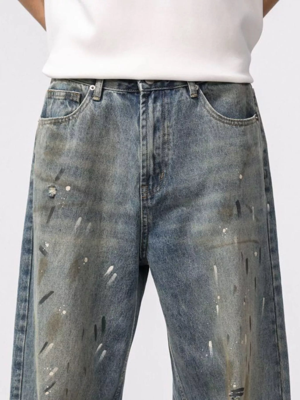 Men's Graphic Wide Leg Washed Jeans-Vintage Streetwear Statement Fit detail front view