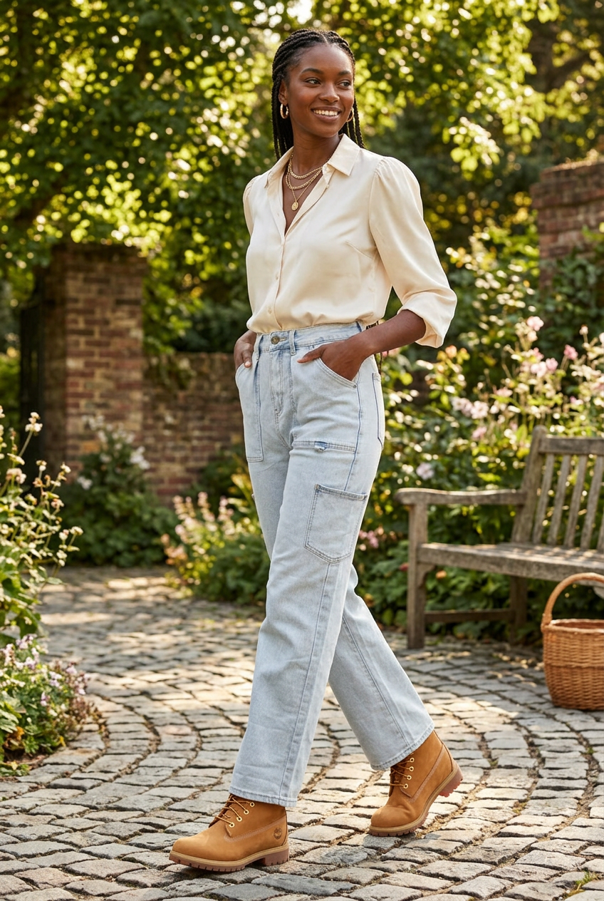 A model wearing a cream button-up shirt, light-wash Women's Y2K Multi-Pocket Jeans, and tan lace-up boots.