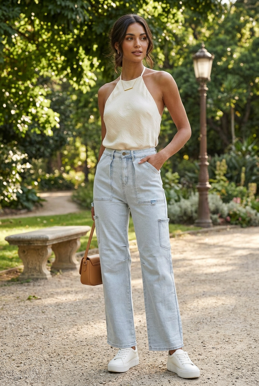 A model wearing a cream halter-neck knit top, light-wash Women's Y2K Multi-Pocket Jeans , and white sneakers, with a small brown shoulder bag at her side.