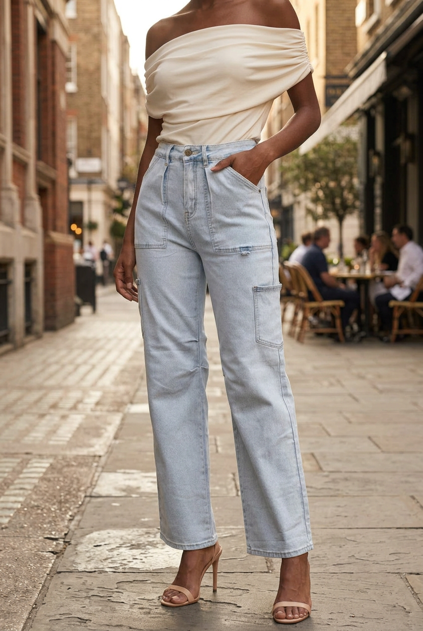 A model wearing light-wash Women's Y2K Multi-Pocket Jeans with front patch pockets, styled with an off-the-shoulder cream top and beige high-heeled sandals.