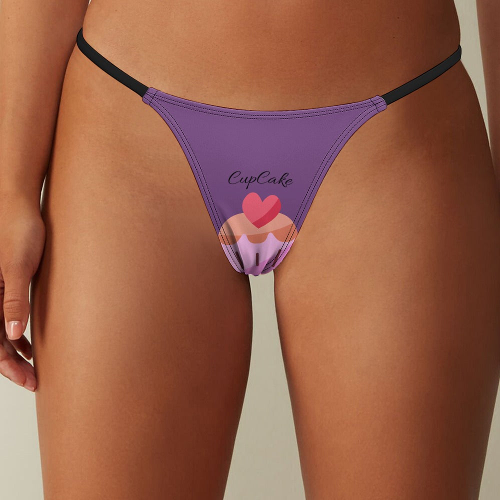 Front view of a model wearing Dark Magenta BUhmayzing CupCake Print Women's Thin Thong Panties  