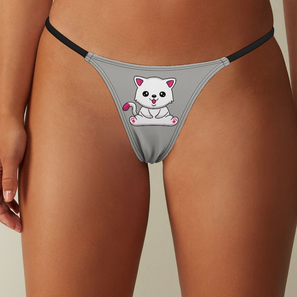 Front view of a model wearing Dark Gray Ladies Sexy Playful Kitty Thong Panties by BUhmayzing