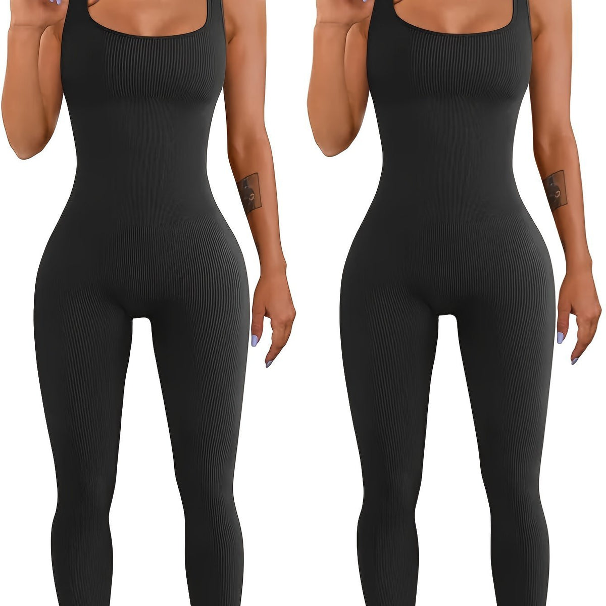 Black ribbed jumpsuit worn by a model on a white background