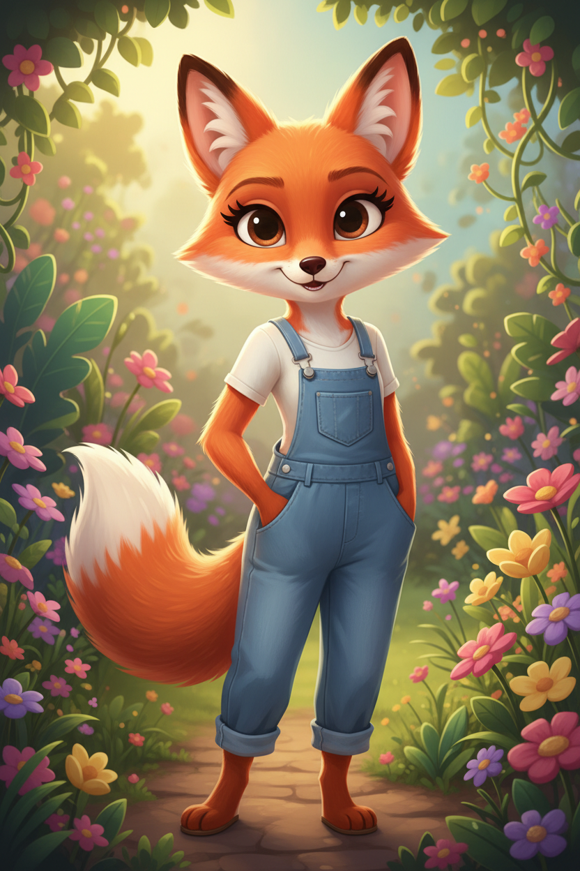 Cartoonist female fox wearing Dusk Blue Adjustable Buckle Strap Denim Overalls