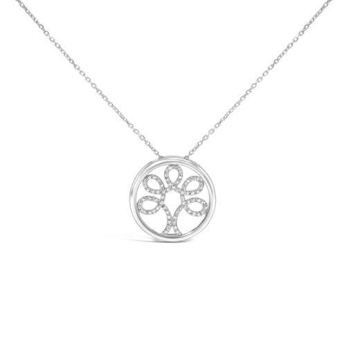 Silver necklace with a floral pendant on a white background