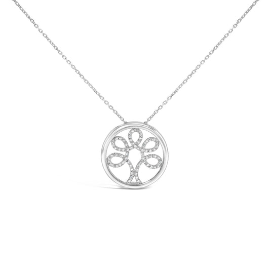 Silver necklace with a floral pendant on a white background