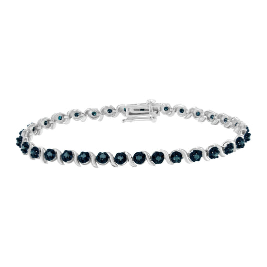 .925 Sterling Silver 1.0 Cttw Diamond Spiral Wave Curved-Link 7in Tennis Bracelet (Enhanced Blue Color, I1-I2 Clarity)
