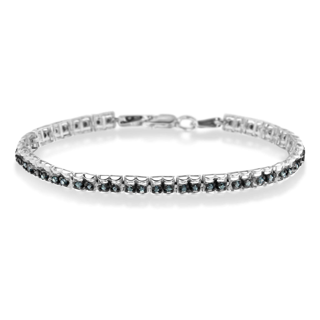 Black Rhodium over .925 Sterling Silver 1.0 Cttw Rose Cut Diamond Double-Link 7in Tennis Bracelet (Blue Color, I1-I2 Clarity)