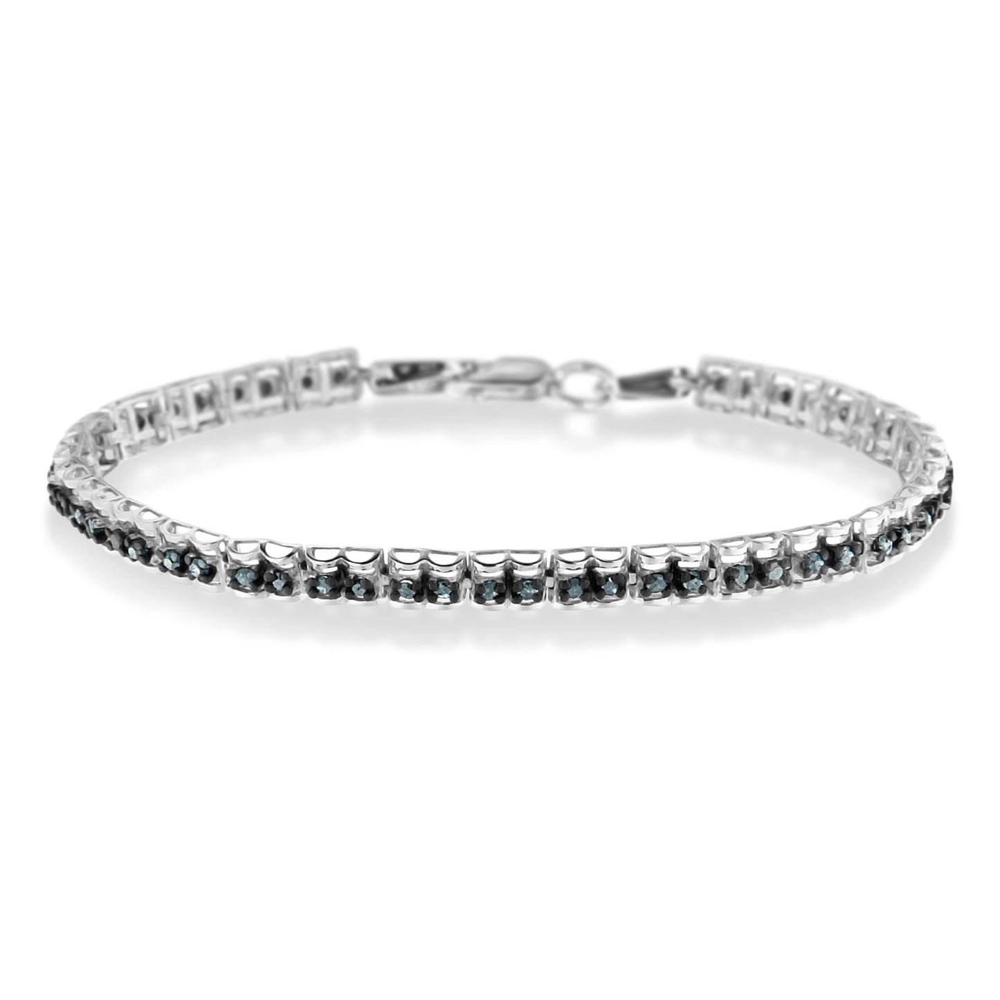 Black Rhodium over .925 Sterling Silver 1.0 Cttw Rose Cut Diamond Double-Link 7in Tennis Bracelet (Blue Color, I1-I2 Clarity)