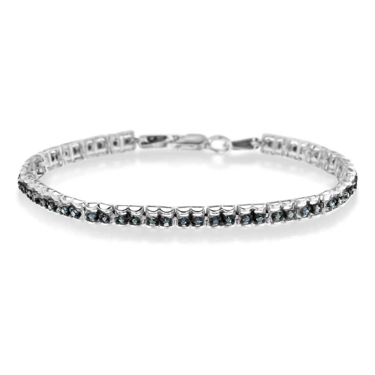 Black Rhodium over .925 Sterling Silver 1.0 Cttw Rose Cut Diamond Double-Link 7in Tennis Bracelet (Blue Color, I1-I2 Clarity)