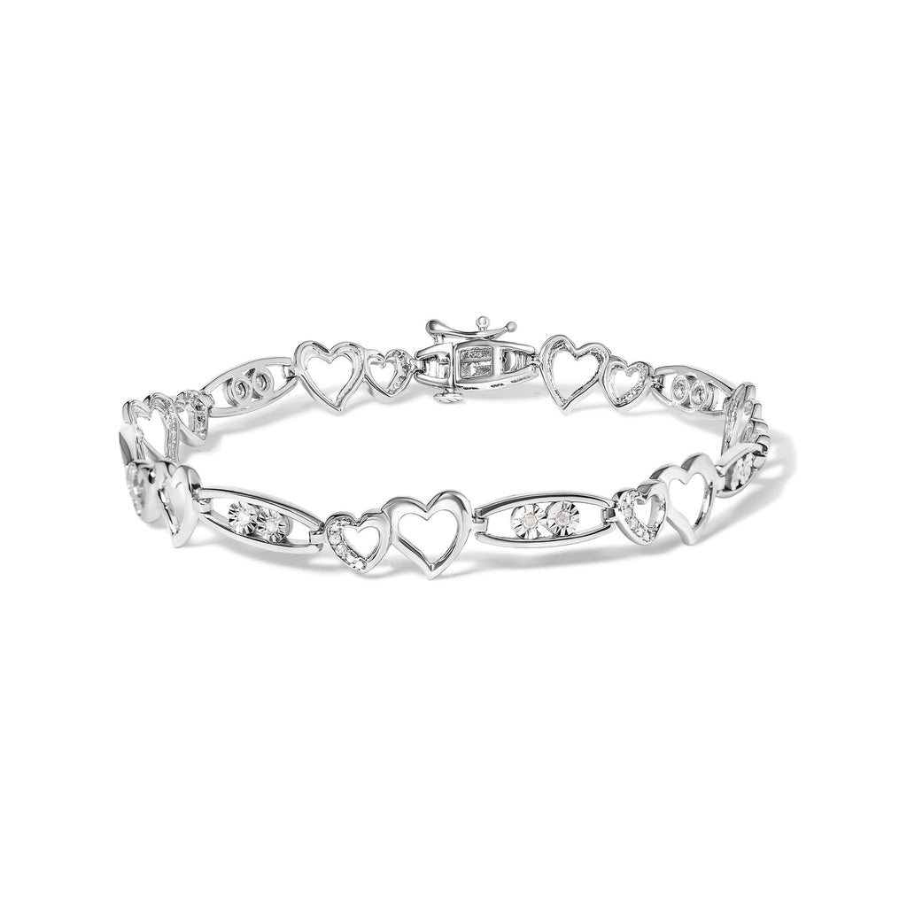 925 Sterling Silver 1/5 Cttw Diamond Double Heart Link Bracelet (I-J Color, I3 Clarity) - 7.25 Inches