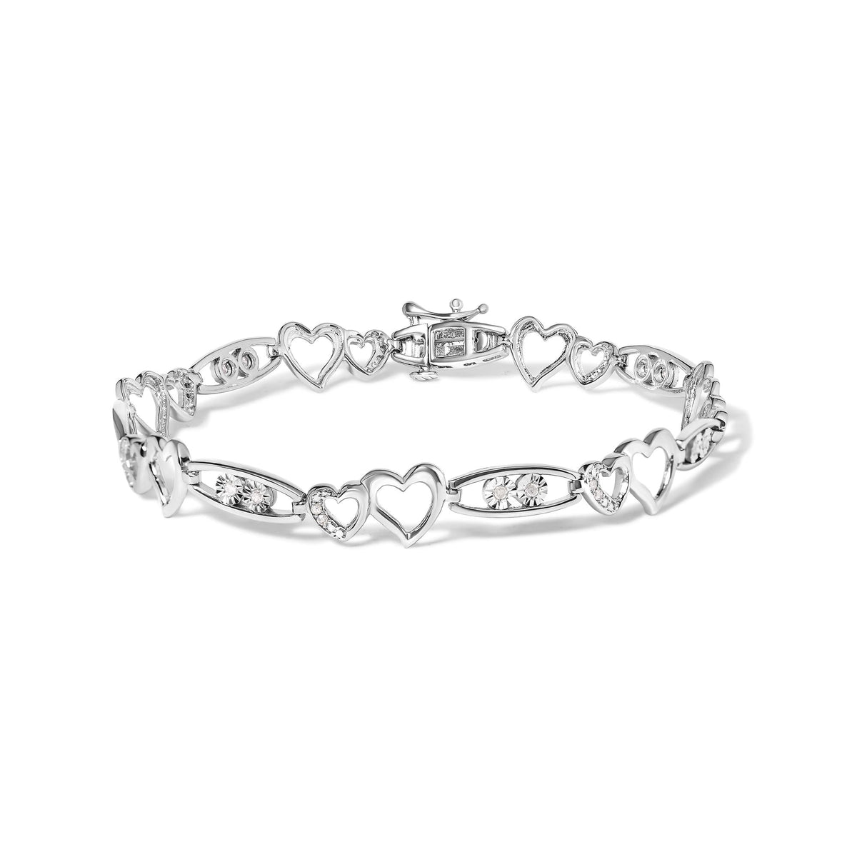 925 Sterling Silver 1/5 Cttw Diamond Double Heart Link Bracelet (I-J Color, I3 Clarity) - 7.25 Inches
