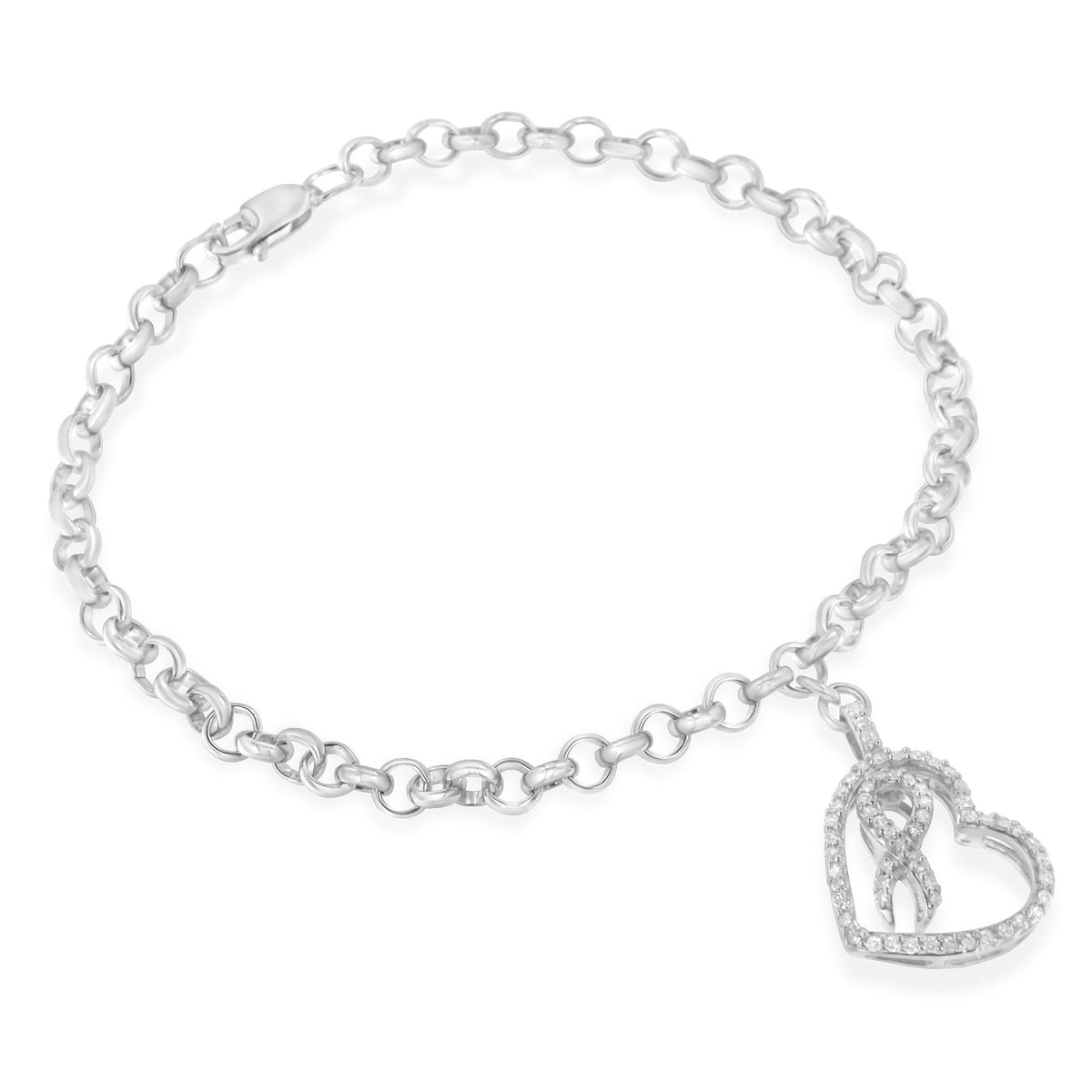 .925 Sterling Silver 1/4 Cttw Diamond-Accented Heart and Ribbon Charm 7in Link Chain Bracelet (H-I Color, I1-I2 Clarity)