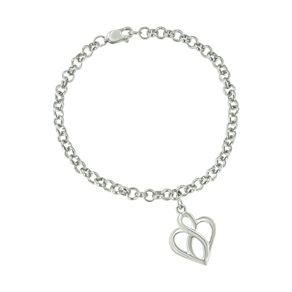 .925 Sterling Silver Open Heart with Center Vertical Infinity Chain Charm Bracelet - Size 7in