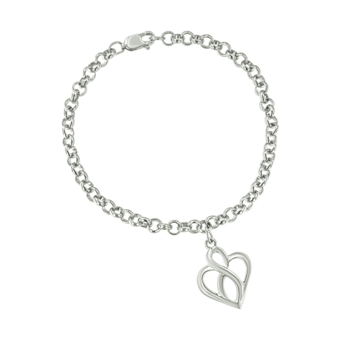 .925 Sterling Silver Open Heart with Center Vertical Infinity Chain Charm Bracelet - Size 7in